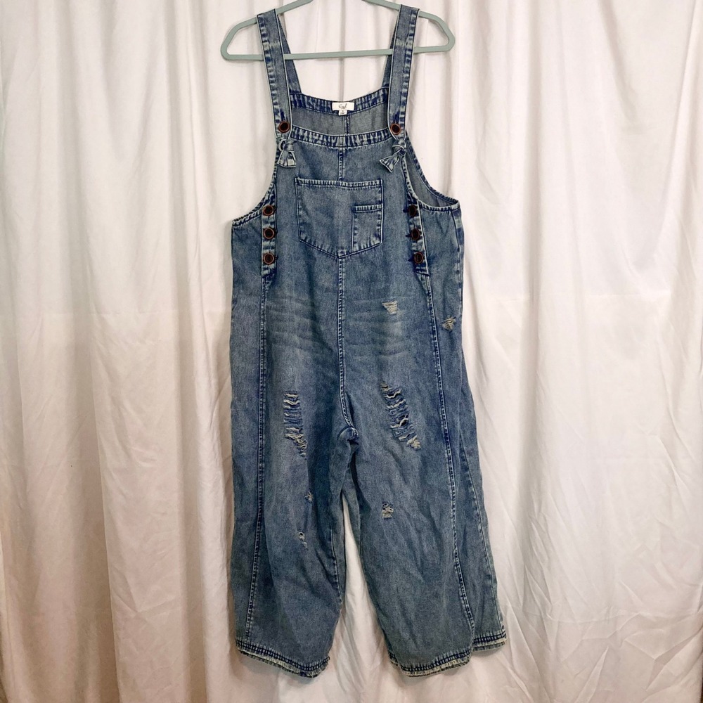 Easel Distressed Wide Leg Denim Overalls Cropped Slouchy Boho Raw Hem S Utility